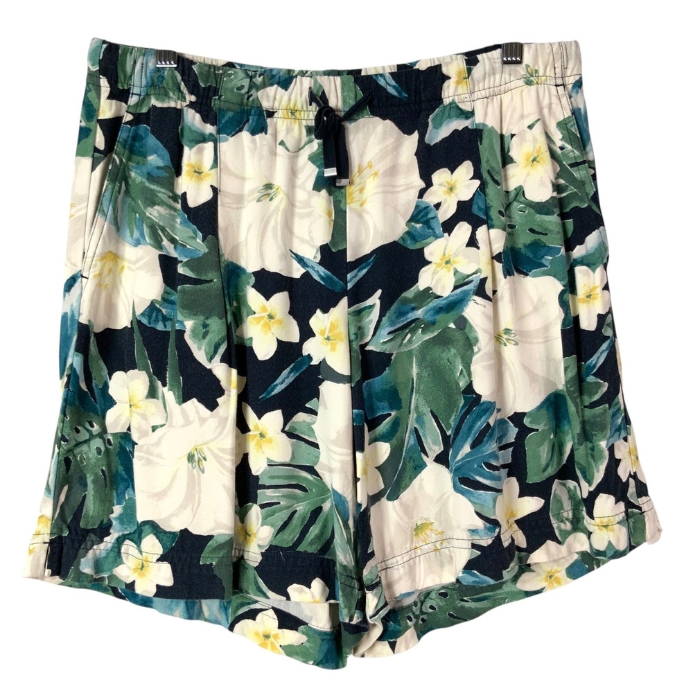 J. Jill Navy Floral Tropical Rayon Shorts S Drawstring Elastic Waist Pocket